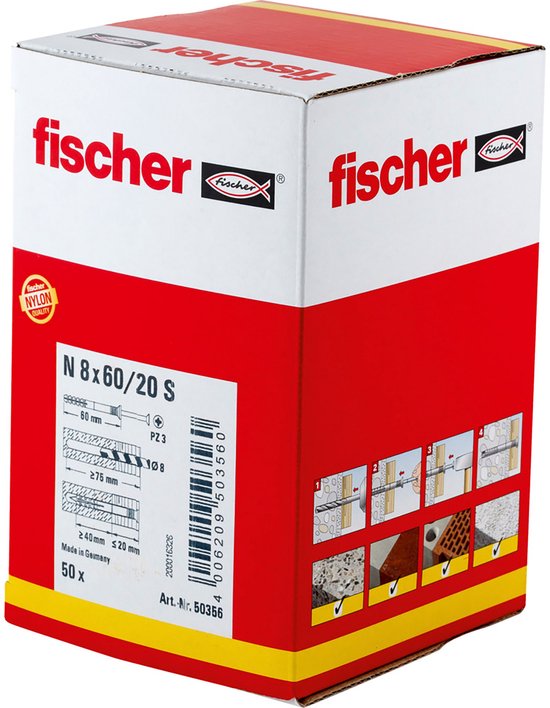 Fischer doos met 50 pluggen N 8x60/20 S, rode en witte opdruk.
