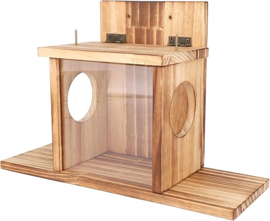 Allecto Plus - Houten Voederbak voor Eekhoorns in de Tuin - Met 2 Voedervensters - Maïs, Pinda's, Pijnboompitten, Maïskolven - Transparant Paneel - Weerbestendig - Natuurlijke Look