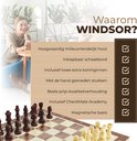 Houten schaakbord van Windsor met schaakstukken. Inklaapbaar, magnetisch, met extra koninginnen en handgesneden stukken.