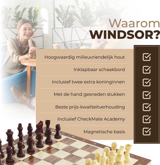 Houten schaakbord van Windsor met schaakstukken. Inklaapbaar, magnetisch, met extra koninginnen en handgesneden stukken.