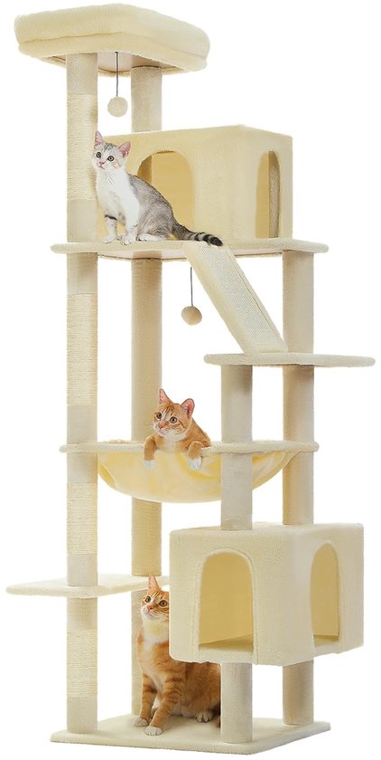 FEANDREA Stevige Kattenboom met sisal Krabpaaltjes, Pluche Zitjes, een mand en 2 huisjes, Klimboom voor Katten, beige PCT90M