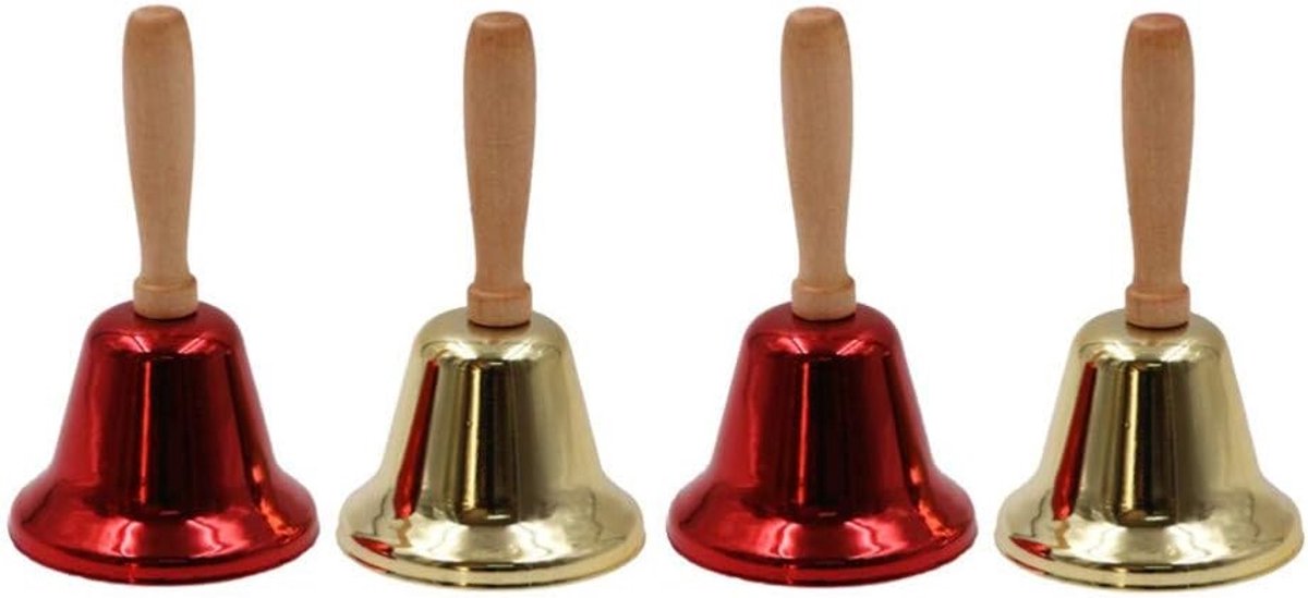 Set van 4 gouden en rode handbellen met houten handvat voor kinderen - perfect kerstcadeau.