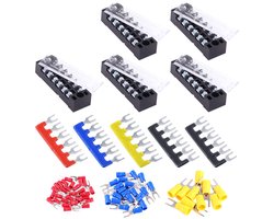 Set de 70 borniers - 5 jeux de 6 positions - Bornes à vis Dual rangée 600 V 15 A et bandes barrières pré-isolées - Comprend 60 connecteurs de fils à fourche isolés