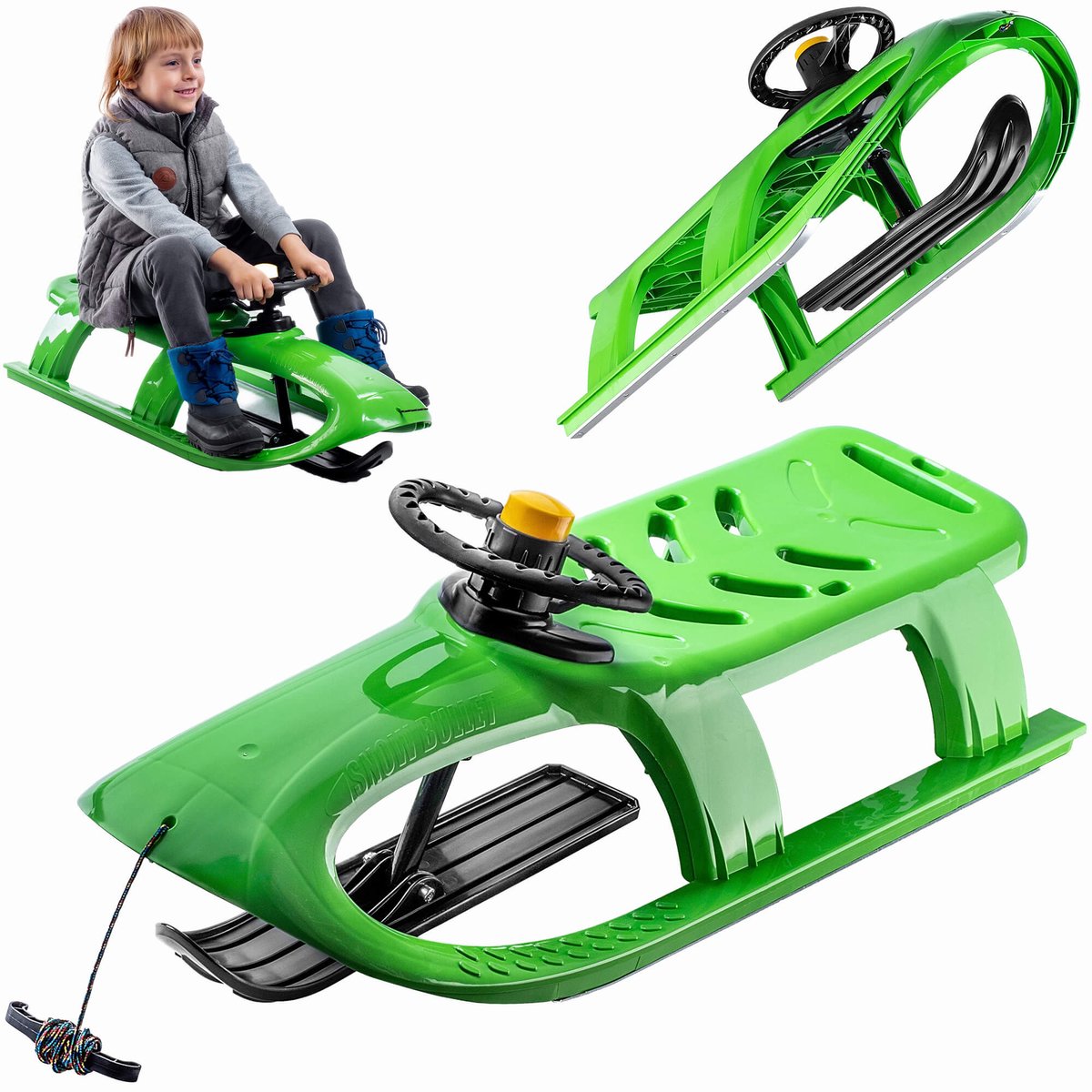 KADAX Kunststof slee met claxon, kinderslee van kunststof, rodel met plaatbeslag, stuurslee met trekkoord en handgreep, slee voor kinderen (groen)