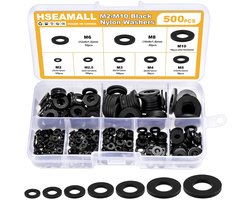 HSeaMall 500pcs Black Nylon Insulating Flat Disk Round Spacer Washer Assortment Kit for M2 M2.5 M3 M4 M5 M6 M8 M10 Screw (500 Pieces, Black Nylon, Flat Washer)