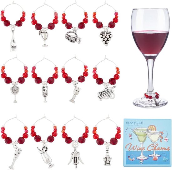 Foto: 12 style drink pendants funny silver wine pendants large quantity silver enamel red beads rings steel 3d markings labels glass labels voor beverages tasting party gifts alloy