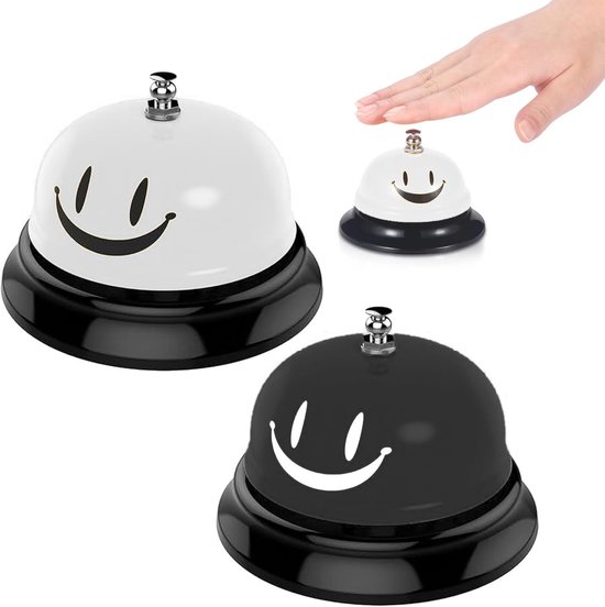 Foto: Tafelbel 2 stuks zwart wit smiley bel roestvrij staal robuust en duurzaam helder en luid geluid voor restaurant keuken hotel bar service huisdier