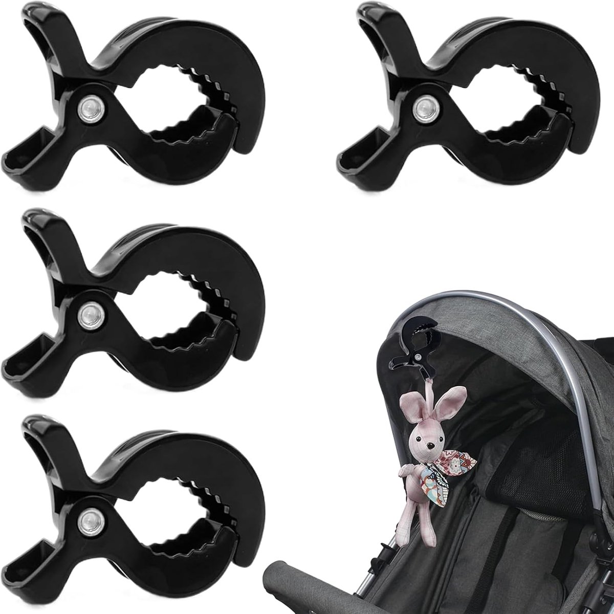 Image of 4 stuks universele kinderwagenklemmen - clip voor bevestiging van speelgoed - kinderwagenclips - klemmen voor kinderwagen en rolstoelen (zwart)