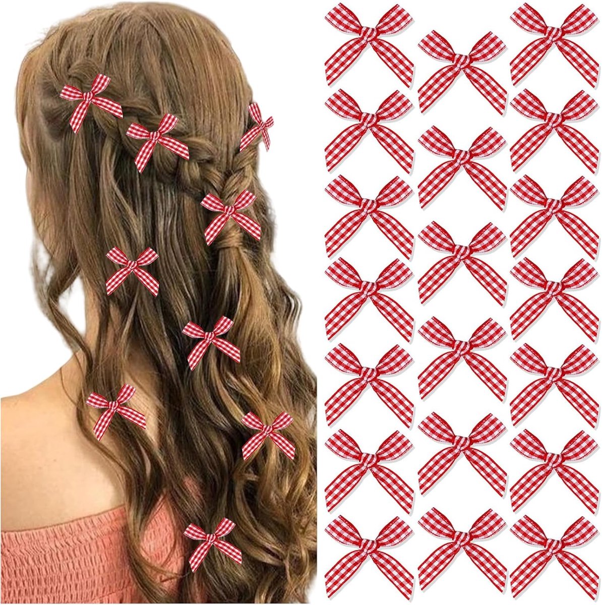 Allecto Plus - 20 rode haarstrikken en haarspelden voor dames en meisjes met lint