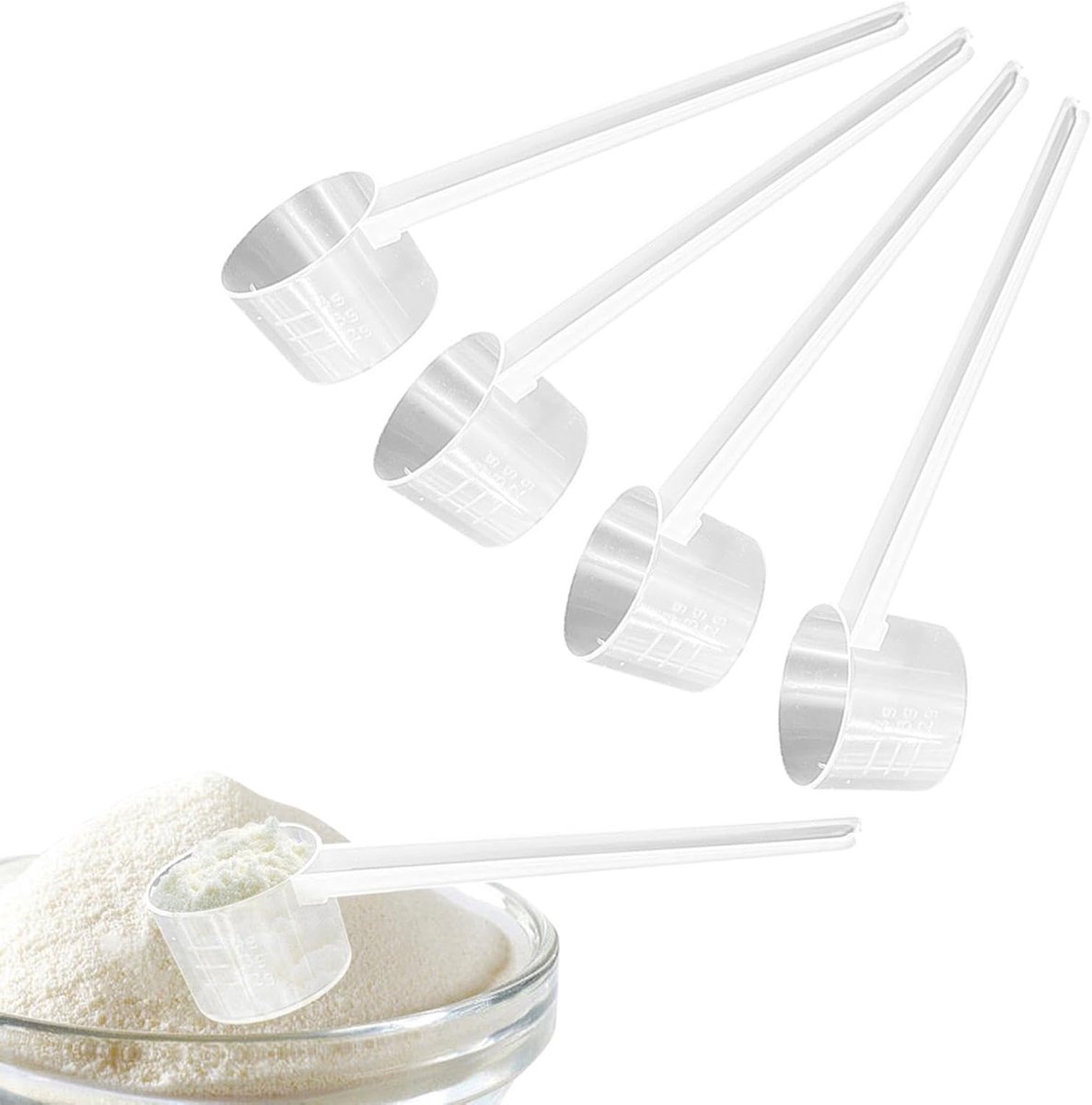 6 stuks maatlepelset, doseerlepels transparant met schaal 7,5 g, 15 g, 30 g, 30 g, plastic doseerlepel, lepel, kunststof, te gebruiken als doseerhulp voor wasmiddel, keuken om te bakken (60 ml, 30 ml