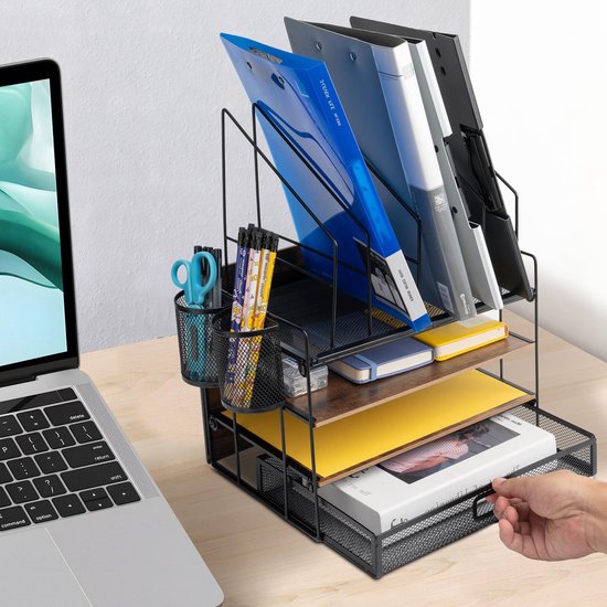 Bureauorganizer brievenbakken met bestandshouder, 4-laags bureaubestandenorganizer met lade en pennenhouder, mesh bureauorganizers en accessoires met tijdschriftenhouder voor kantoorbenodigdheden