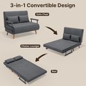Afbeelding met 3-in-1 ontwerp: de slaapstoel, de chaise longue en het bed, allemaal in donkergrijs.