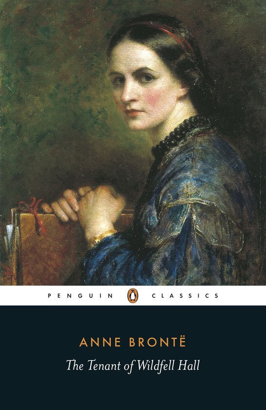 Peinture d'une femme aux cheveux foncés dans une robe bleue à col noir, avec un bandeau rouge, posant ses mains sur un livre. Penguin Classics.