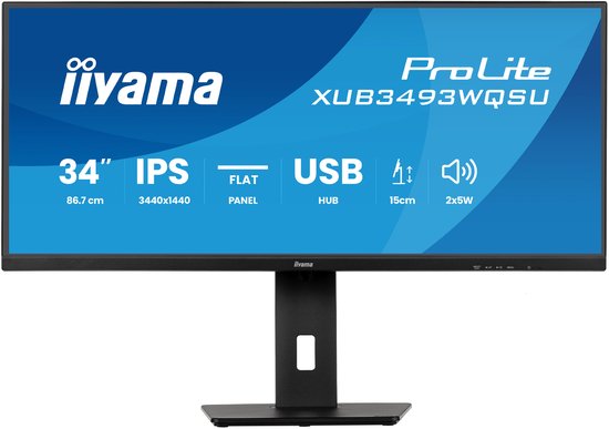 Vooraanzicht van een zwarte iiyama ProLite XUB3493WQSU monitor. 34-inch IPS plat paneel met USB-hub, 86.7cm, 3440x1440 resolutie en 15cm hoogteverstelling.