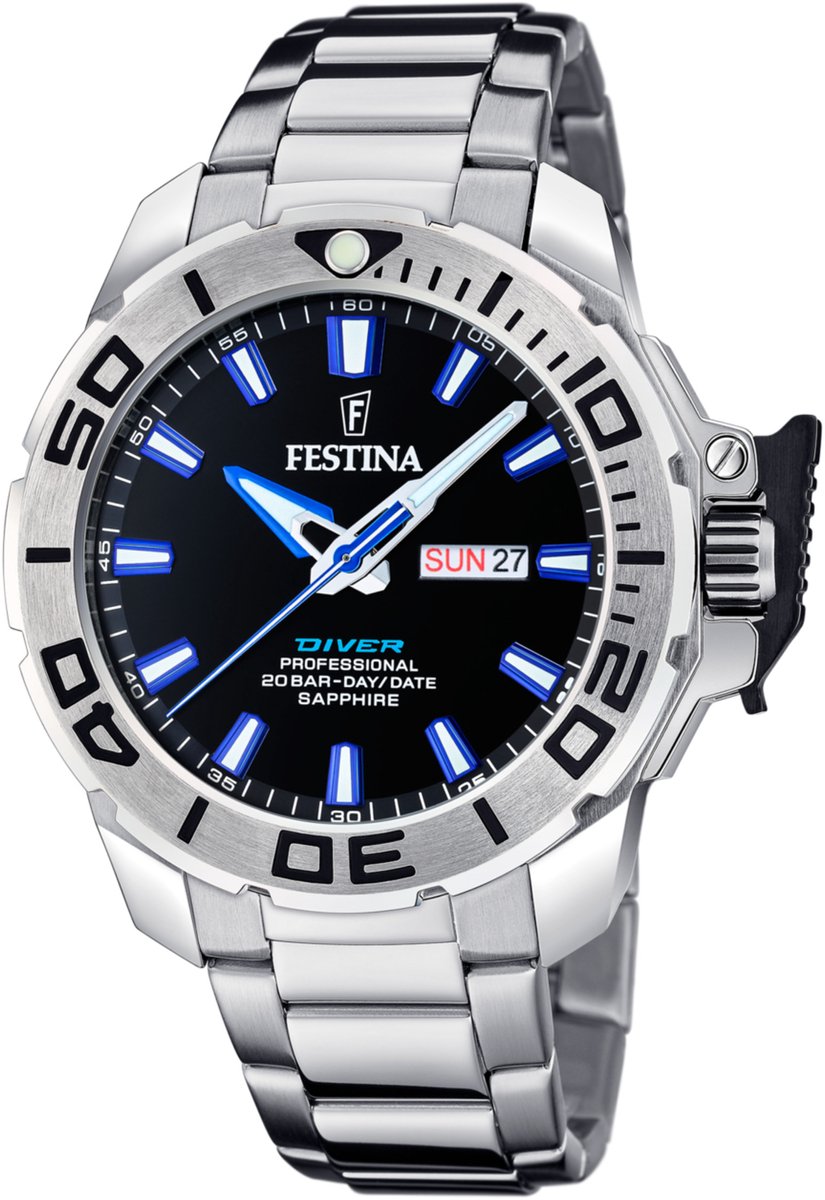 Festina F20665-3 Heren Horloge - Mineraalglas - Roestvrijstaal-Staal - Zilverkleurig - Ø 46.5 mm - Quartz - Vouw-Vlindersluiting - 20 ATM (duiken)