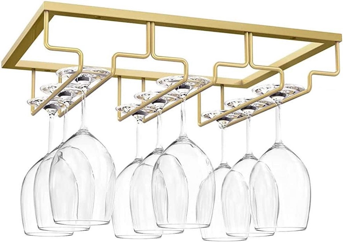 Wijnglas Rek Ophangsysteem Stemware Opslag met Schroeven - Gouden Wijnglashouder voor Kast Keuken Bar - Drie Slots