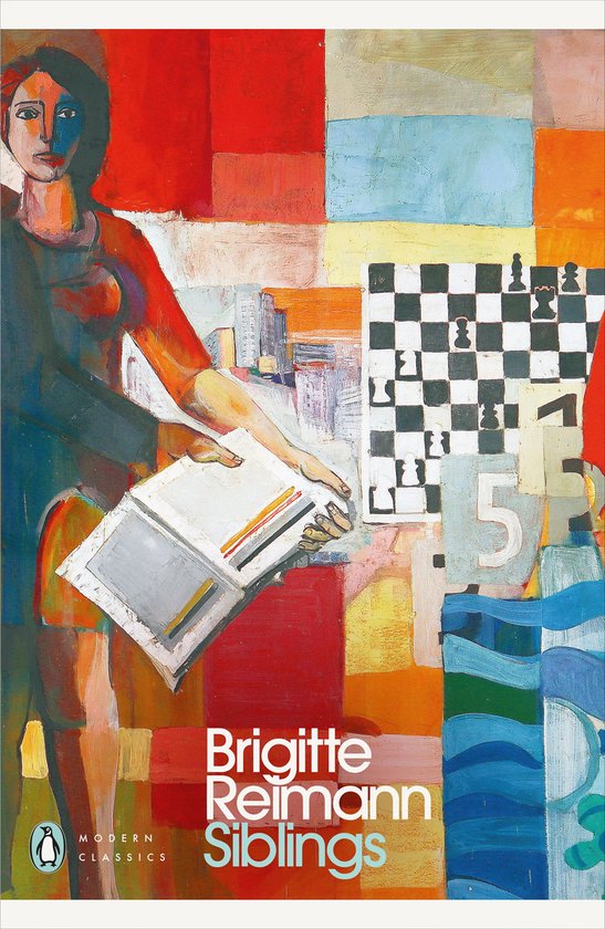 Boekcover van "Siblings" van Brigitte Reimann met een schilderij van een vrouw, een schaakbord en cijfers.