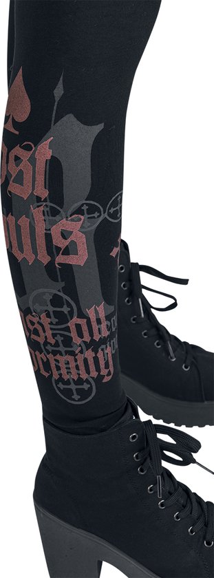 Zwarte legging met gotische tekst 'lost souls' en kruis-motieven op de onderbenen.