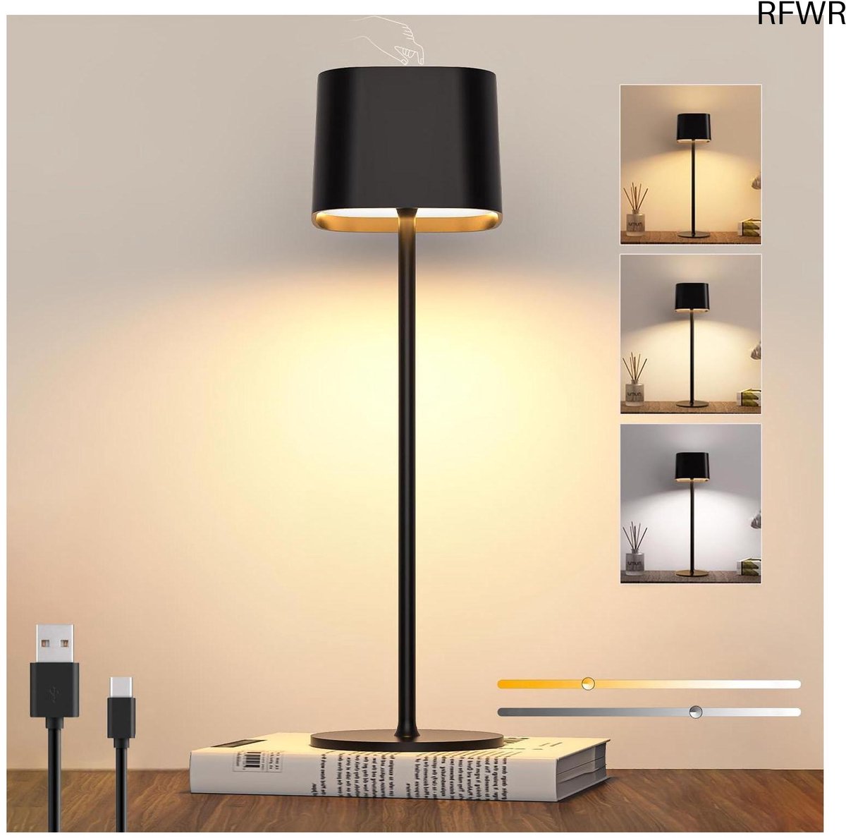 RFWR® Draadloze LED Tafellamp met Traploze Dimming en Oplaadbare Batterij