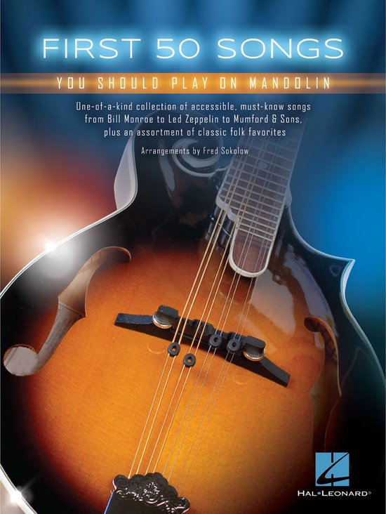 Livre "First 50 Songs You Should Play on Mandolin" avec un gros plan sur une mandoline.