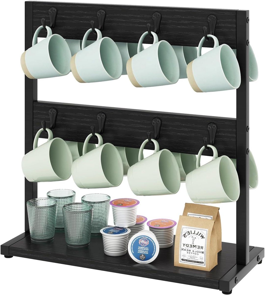 Vintage bekerhouder met 16 haken en opbergbodem voor koffiebekers - ideaal voor keuken en eetkamer - zwart - afmetingen 43 x 15 x 40 cm