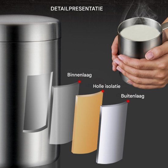 EXCITAT Beker - Rvs Mok - Thermosfles van roestvrij staal - Campingmok - Dubbelwandige geïsoleerde mok - Met deksel - 200 ml - Zilver — afbeelding 3