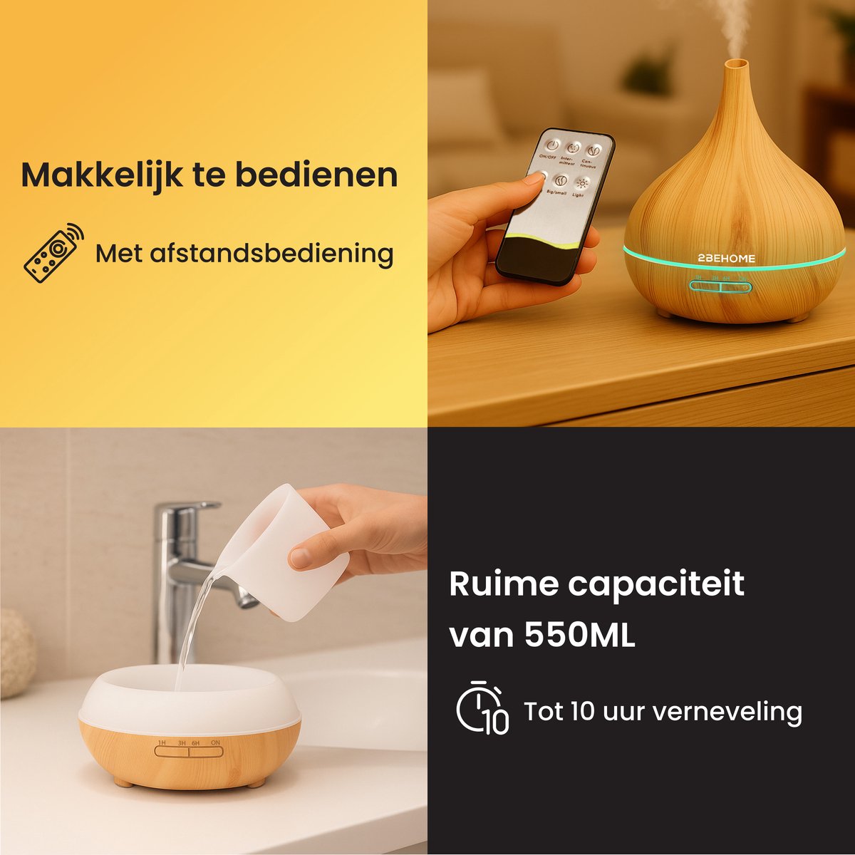 2BEHOME Aroma Diffuser met 2 Etherische Oliën & Afstandsbediening - 550ML - Aroma Diffuser Luchtbevochtiger - Etherische olie diffuser - Essentiele olie Aromadiffusers - Geurverspreider voor Aromatherapie - Lichte Houtlook — cadeau in Wonen & Interieur - foto 3