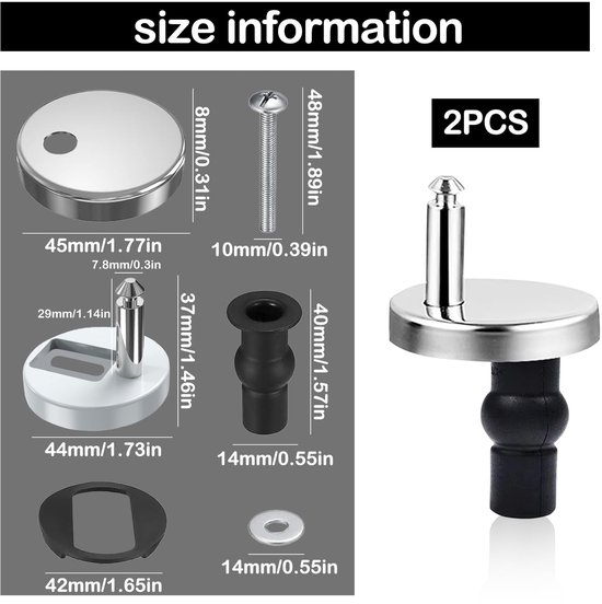 Maatinformatie voor toiletzittingbevestiging: zilverkleurige dop, scharnier met schroef, moer, rubberen plug en ring. Afmetingen in mm en inches.