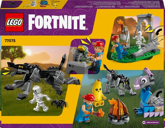 Arrière de boîte de jeu LEGO Fortnite avec diverses scènes.