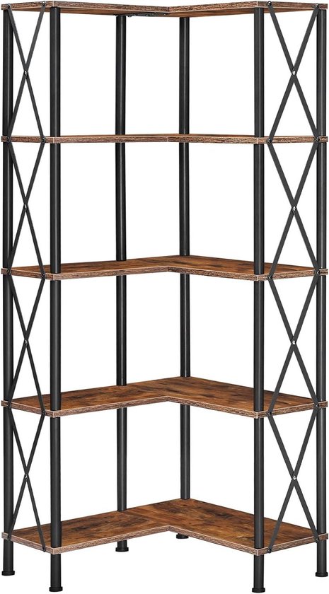 Tribesigns 5-delig Hoekboekenrek, groot modern hoekboekenrek, 5-laags hoog hoekrek, opbergrek met metalen frame voor woonkamer, thuiskantoor (Bruin
