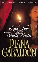 Boekomslag van Lord John and the Private Matter door Diana Gabaldon. Een kaars verlicht de tekst en een deel van een gezicht.
