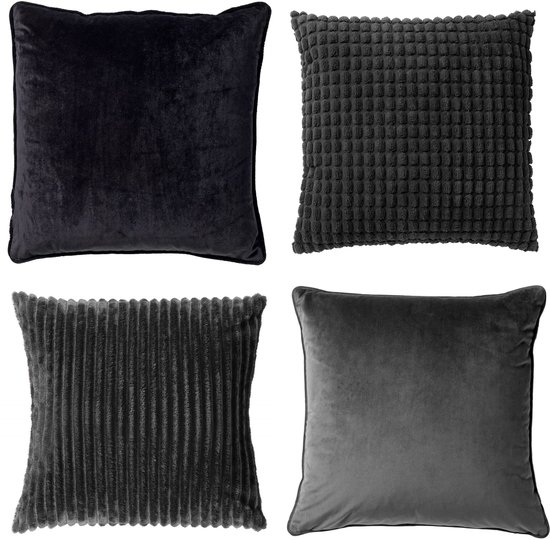 FINN/MART/ROME - Ensemble de coussins 4 pièces - coussins intérieurs inclus - 45x45 cm - noir, anthracite
