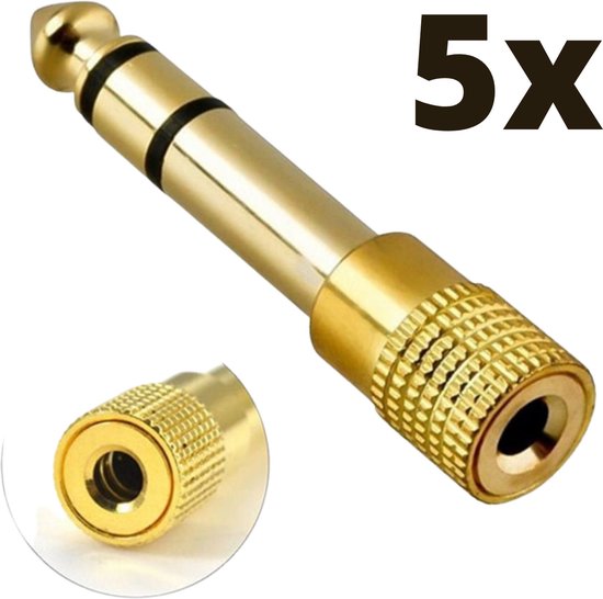 Gouden 6,35mm naar 3,5mm jack adapter, met gekartelde grip. Inzet toont aansluiting.