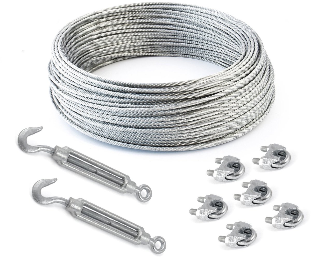 DQ-PP STAALKABEL SET 4 - 5 mm 6x7 Zacht - 100 meter - Gegalvaniseerd Staal - 2x Spanschroef Haak-oog M5 - 6x Kabelklemmen Beugel 5 mm - Staalkabel voor Klimhulp Kabel Staaldraad Bosbouwkabel Lierkabel Spankabel
