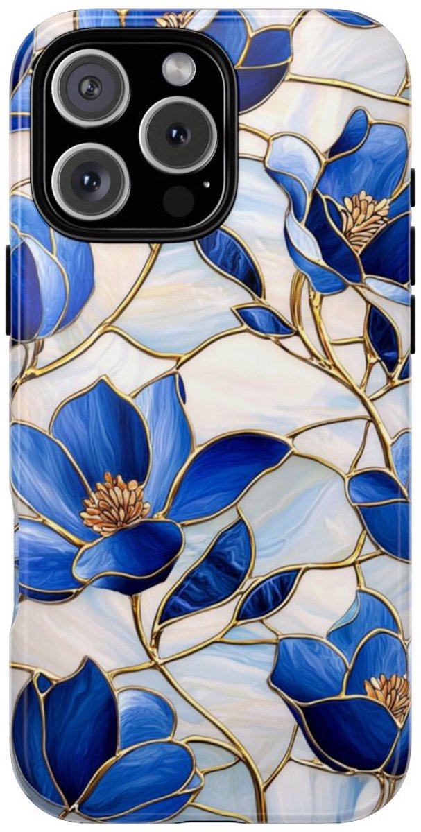 Blauw Gebloemd Glas-in-loodpatroon – Telefoonhoesje Geschikt voor iPhone 16 Pro Max