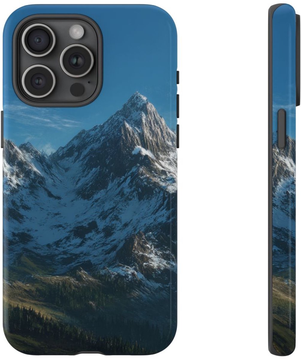 Berglandschap met Besneeuwde Toppen – Telefoonhoesje Geschikt voor iPhone 15 Pro Max