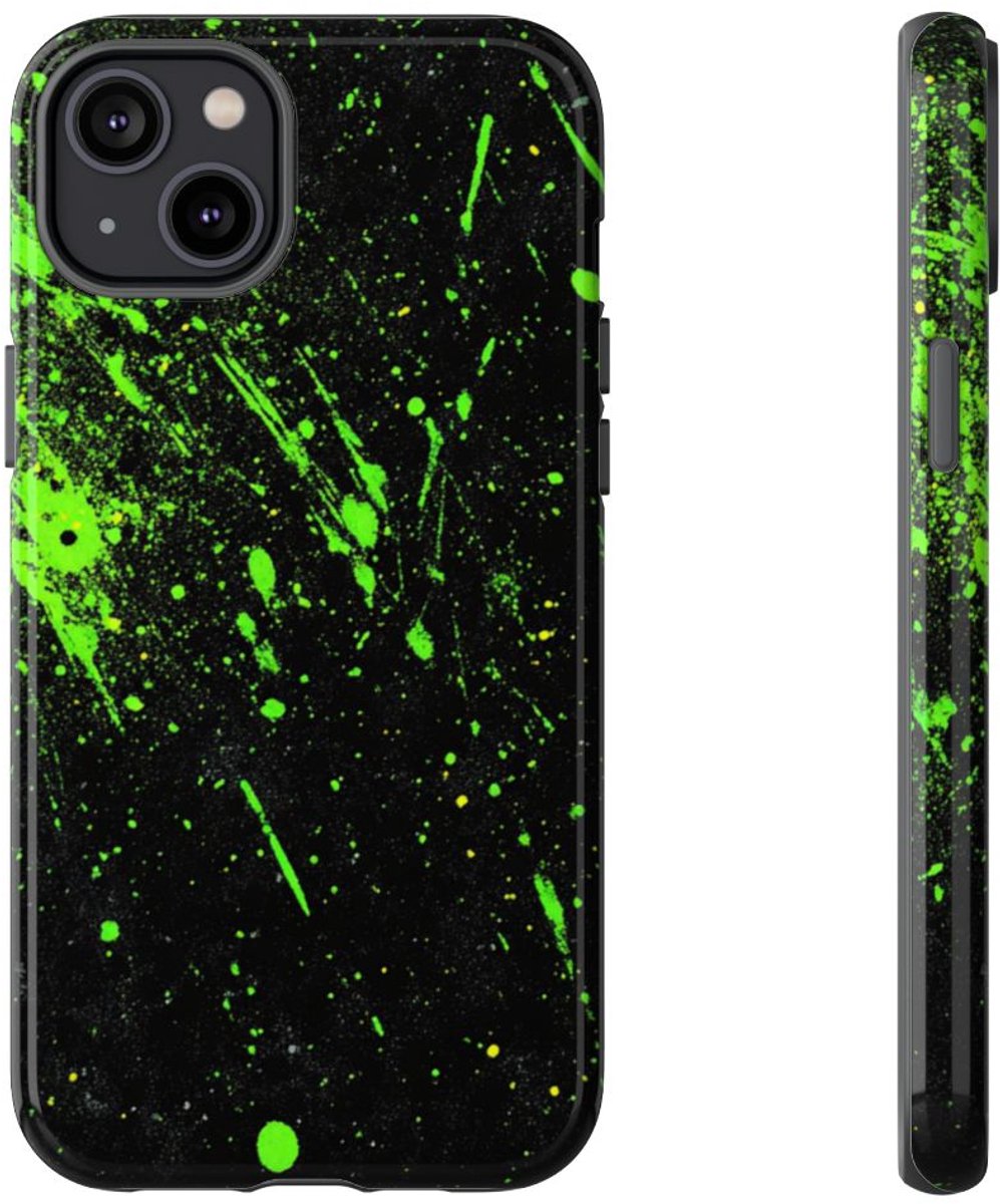 Neon Groene Spetters op Zwarte Achtergrond – Telefoonhoesje Geschikt voor iPhone 14 Plus