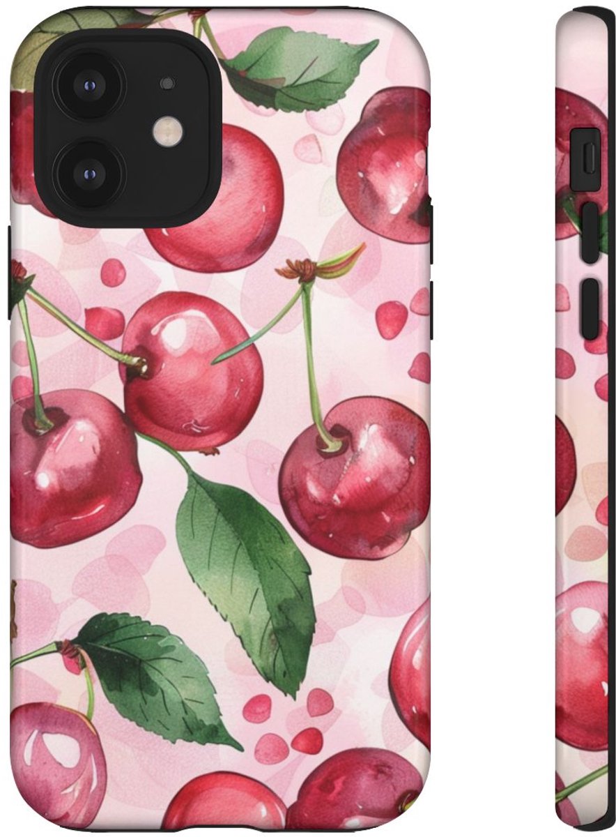 Aquarel Kersenpatroon – Glanzend Stevig Telefoonhoesje Geschikt voor iPhone 12