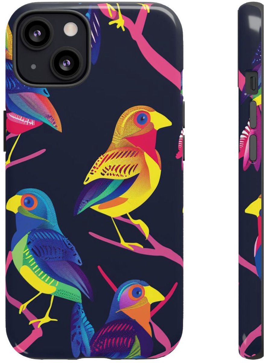 Neonkleurige Vogels op Takken – Telefoonhoesje Geschikt voor iPhone 13