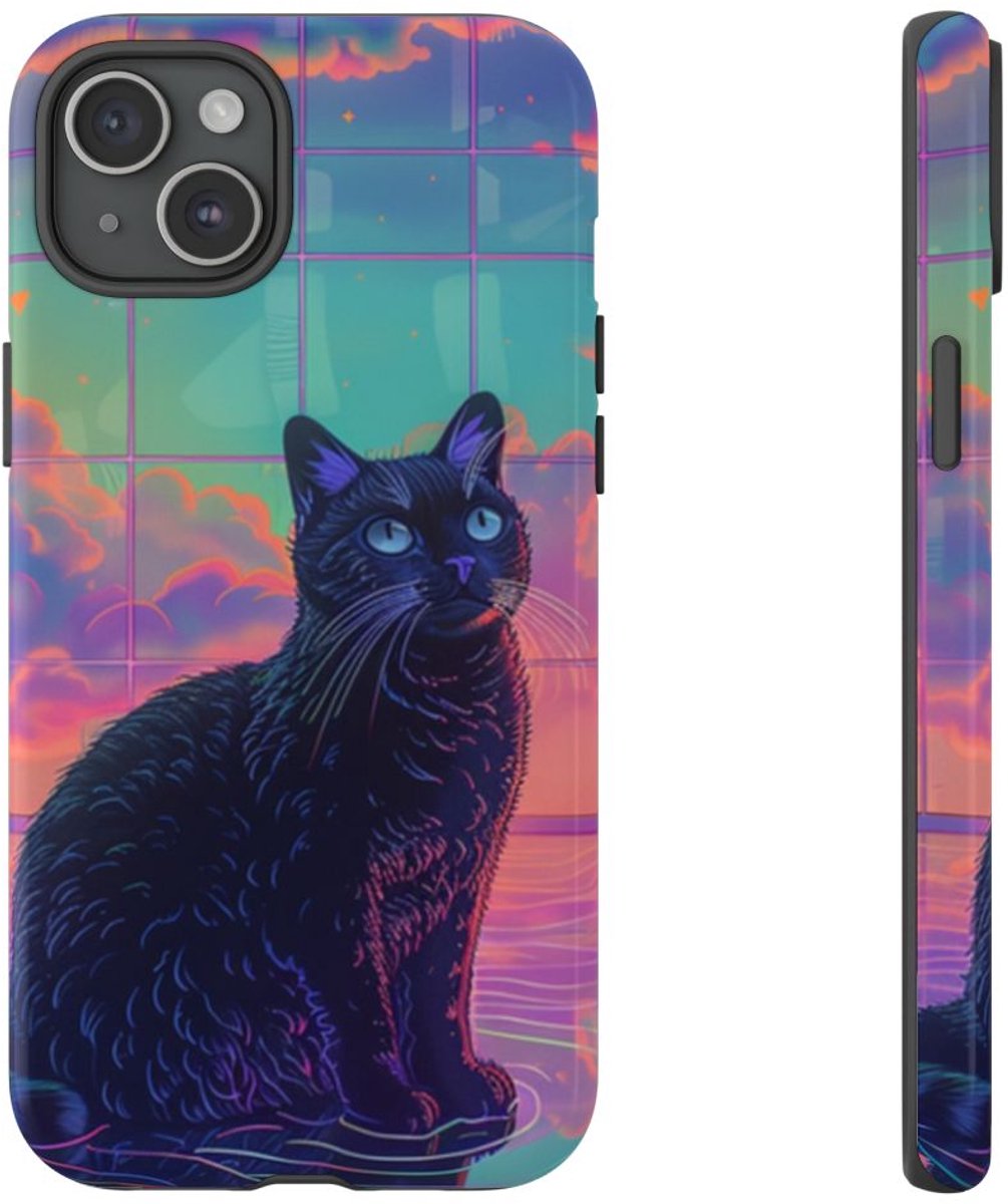 Zwarte Kat met Neonlucht Reflectie – Telefoonhoesje Geschikt voor iPhone 15 Plus
