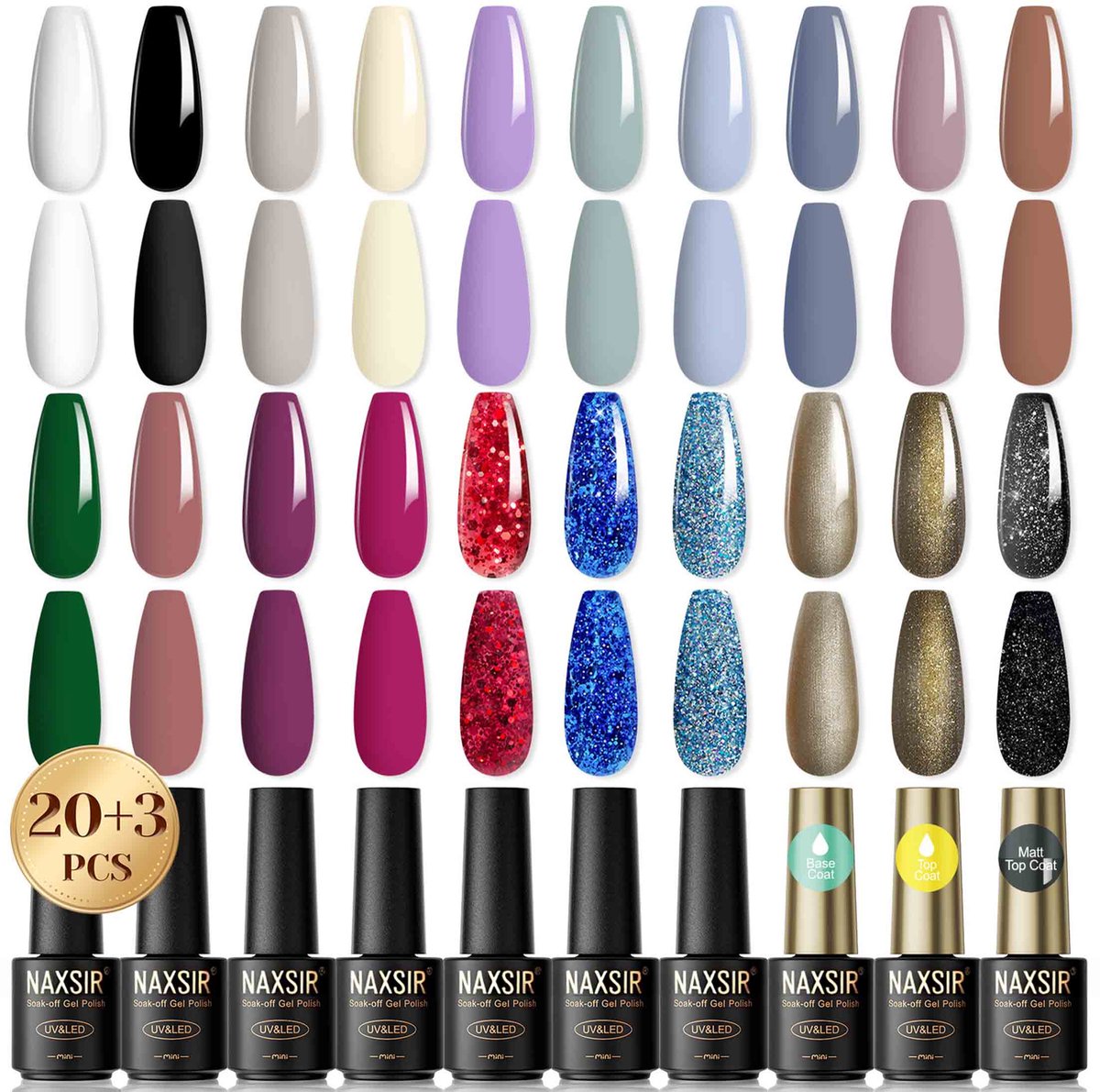 NAXSIR Nagellak Set - 23-Delig - 20 Kleurengels + 3 Functionele Gels - Diervriendelijk - Langhoudend