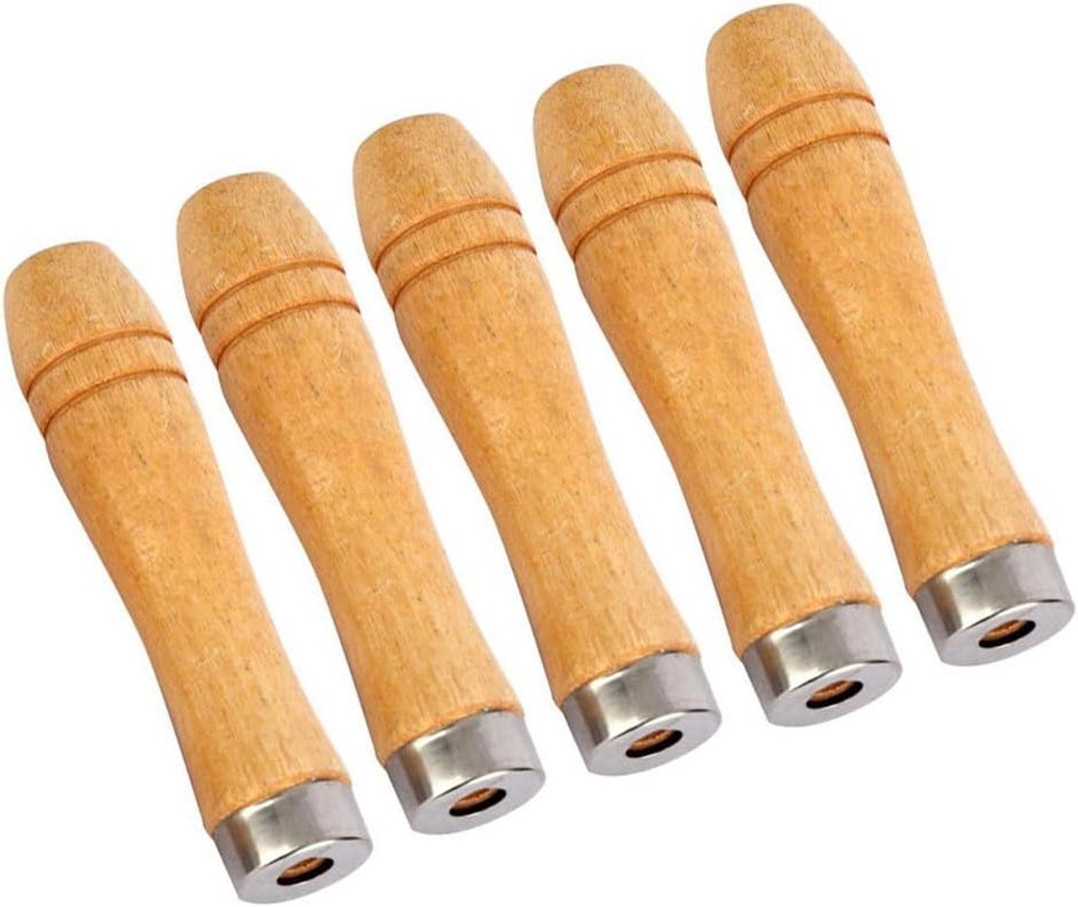 5-delige set houten vijlgrepen - lengte 90 mm - geschikt voor vijlen van 4-6 inch - houten handgrepen met metalen halsbanden - vijl accessoires