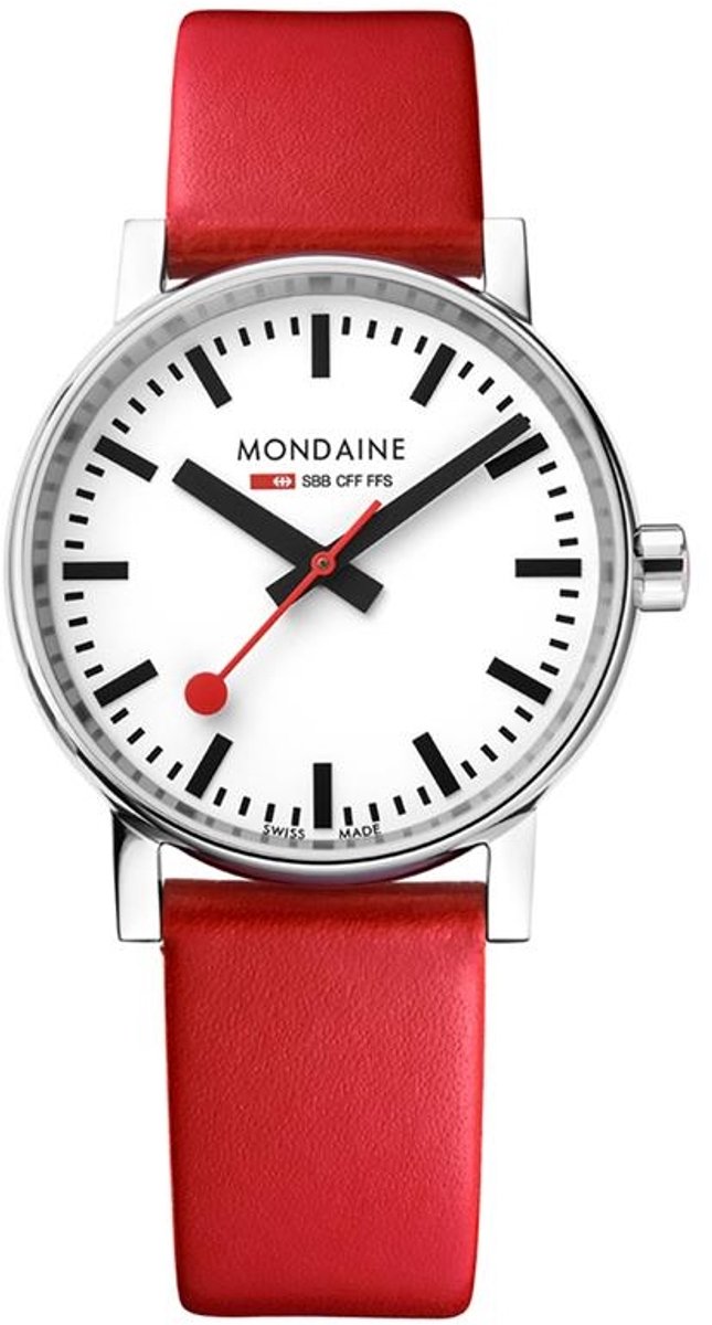 Mondaine MSE.35110.LC Evo II Dames Horloge - Stationsklok - Saffierglas - Roestvrijstaal-Leer - Zilver-Rood - Ø 35 mm - Quartz - 3 ATM (spatwater)