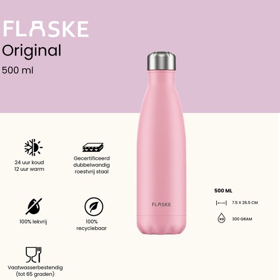 Roze FLASKE Original 500ml drinkfles met productinformatie.