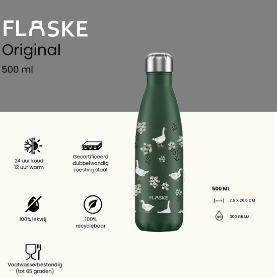 Groene FLASKE Original drinkfles (500ml) met ganzen- en bloemenprint, zilveren dop. Links informatie over temperatuurbehoud en materialen.