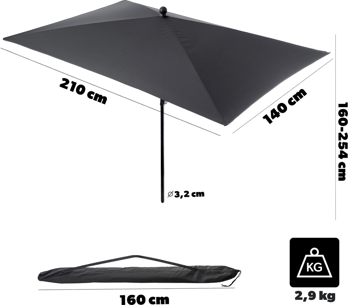 KADAX Balkonparasol 210x140cm, hoogte verstelbaar en kantelbaar thumbnail 4