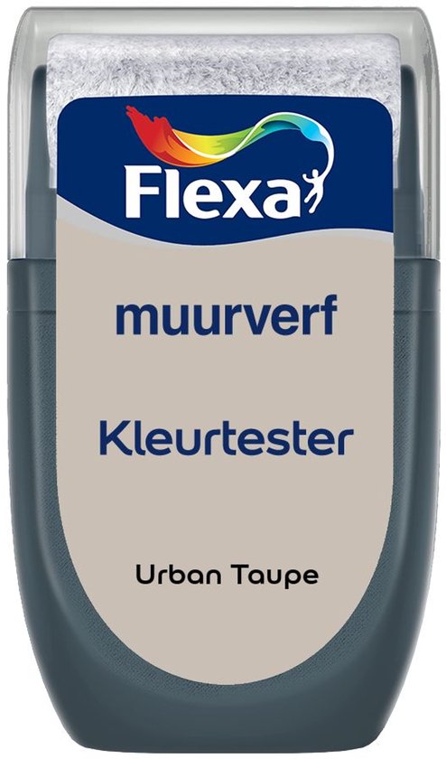 Flexa muurverf kleurtester in Urban Taupe. Verpakking bevat gerecycled plastic.