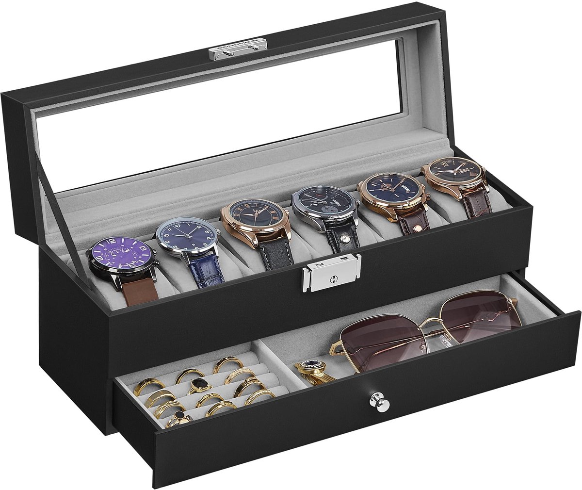 SONGMICS Horlogebox, horlogekast met glazen deksel, 2 lagen, voor 6 horloges, afsluitbaar, 1 lade, voor ringen, armbanden, cadeau-idee, zwarte PU-hoes, grijze voering JWB060G01