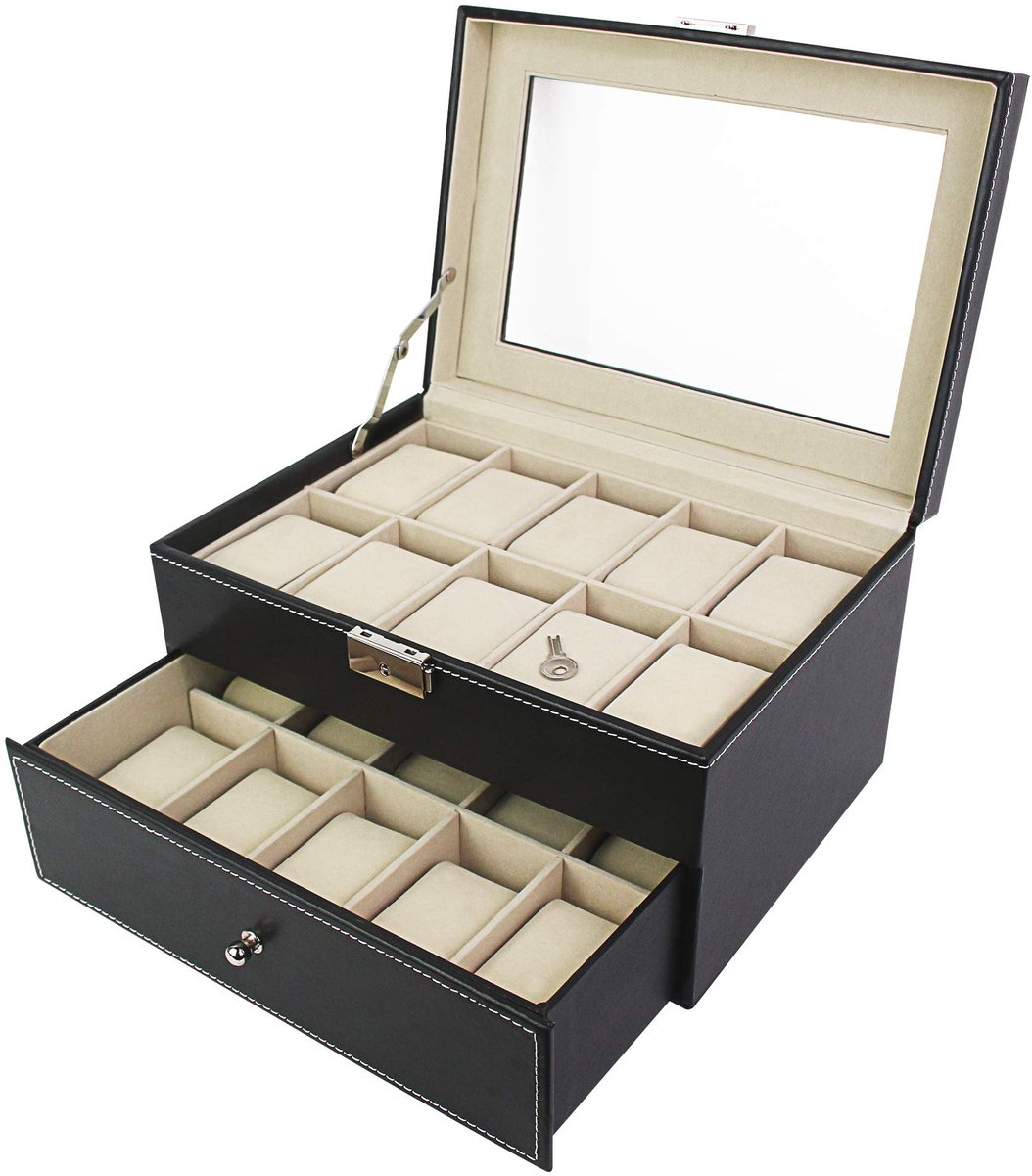 Todeco - Horlogebox, opbergruimte voor horloges en armbanden - Materiaal doos: MDF - Materiaal kussen: fluweel - 20 horloges met lade en display, zwart-beige