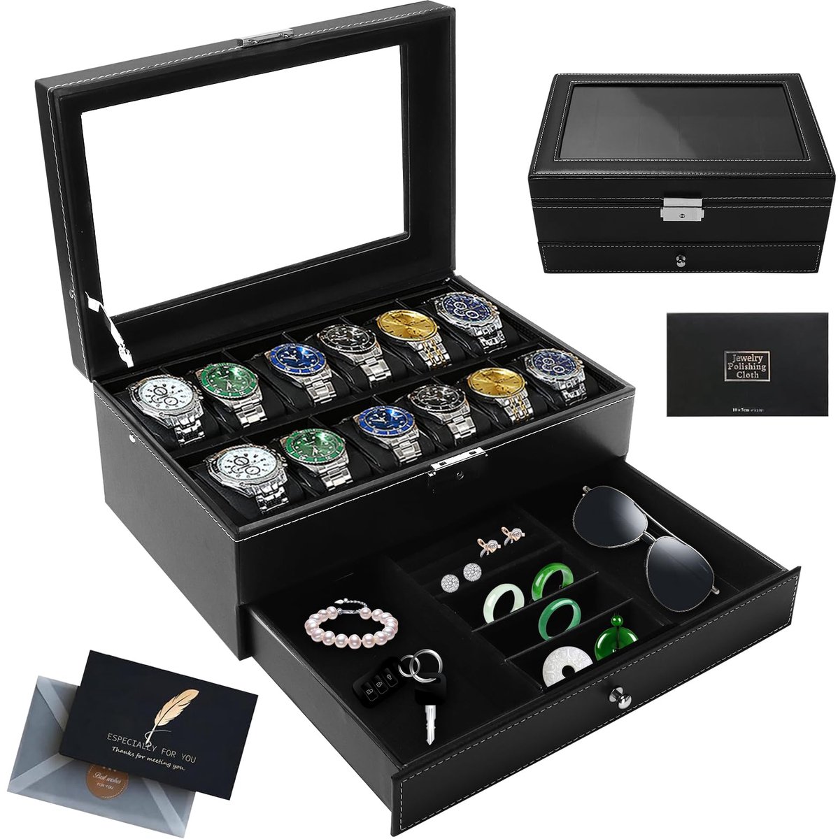 KIMIGO horlogebox met 2 niveaus, horlogebox sieraden horloge opbergbox met glazen deksel, horlogebox sieradenbox horlogekast 12 vakken en 1 lade voor horloges, ringen, cadeau voor vriend, Vaderdag